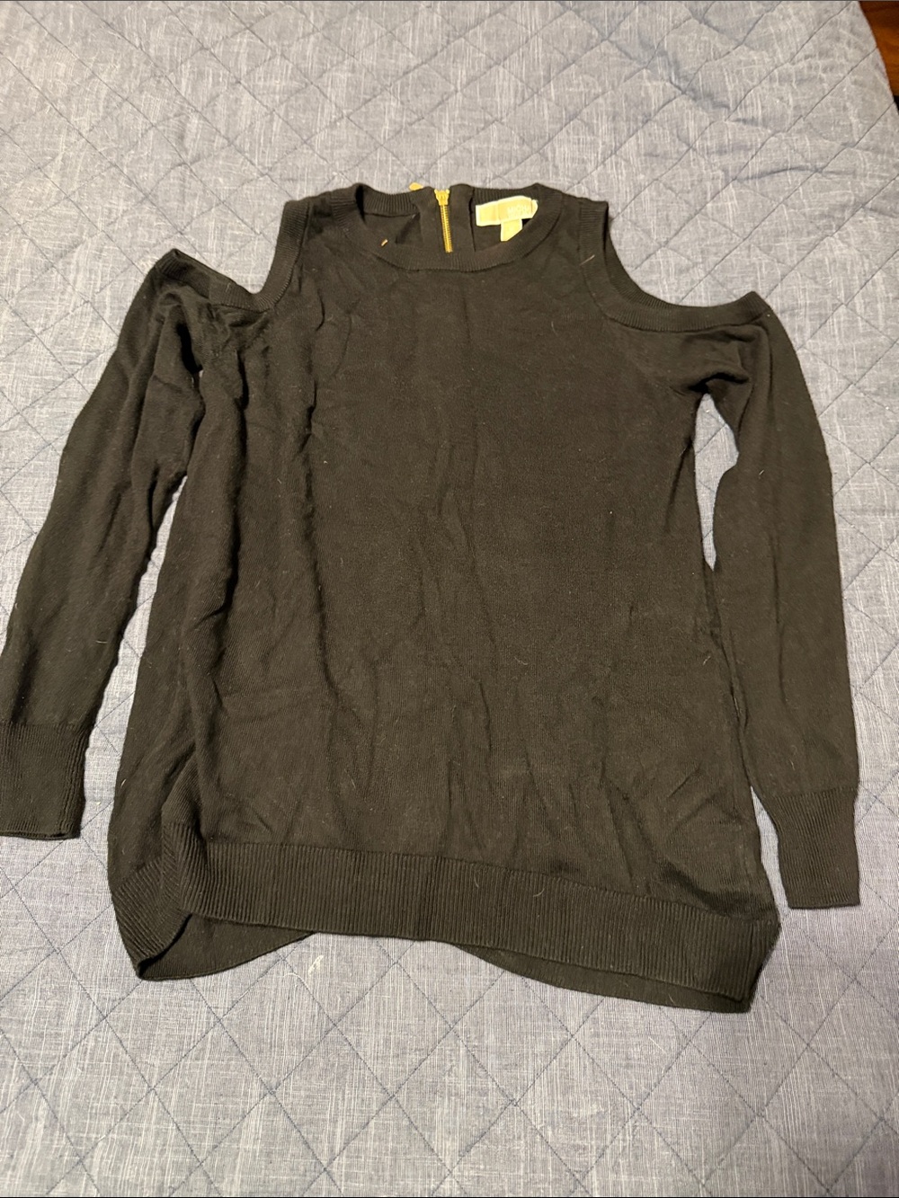 Michael Kors Black Cold-Shoulder Knit Sweater with Gold Zip